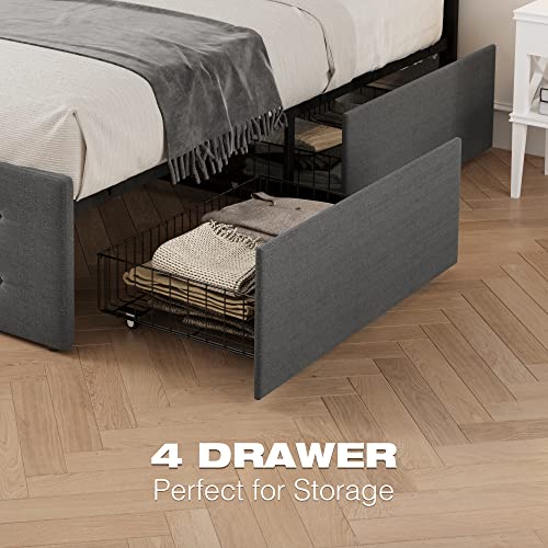 Grey Queen Size Upholstered Platform Bed Frame with 4 Storage Drawers Z449