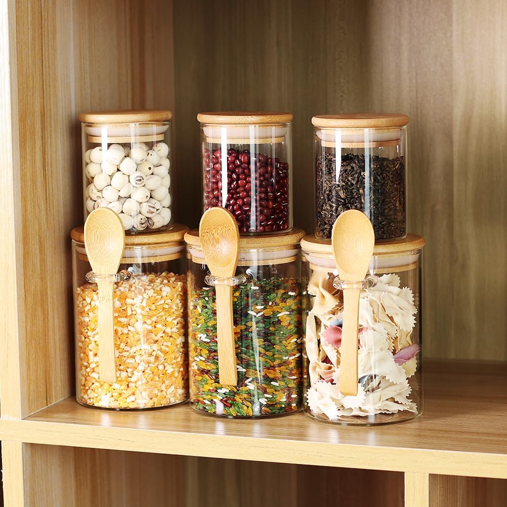 3 Pack 17 oz Glass Jars with Lids and Spoons and 3 Pack 6 oz Glass Spice Jars with Lids, Clear Glass Jars Set of 6 F42809