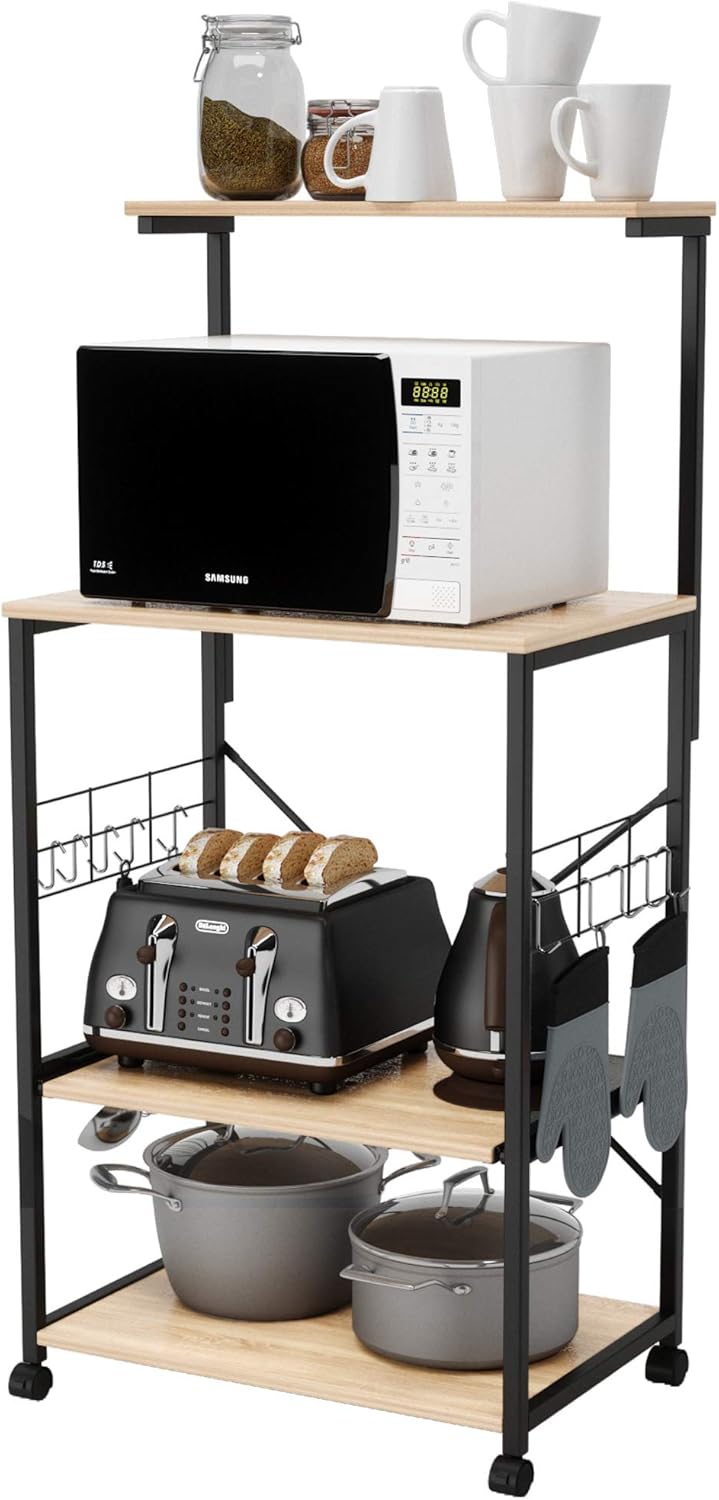 Rustic Brown 4 Tier Rolling Kitchen Cart with Storage Shelf T696