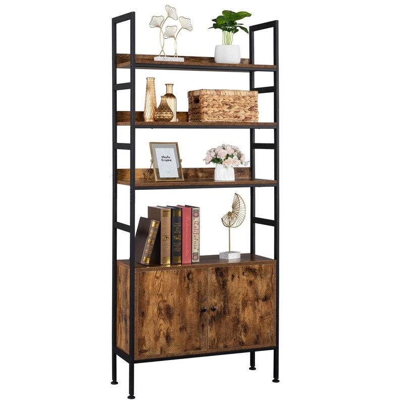 4-Tier Industrial Bookcase with Cabinets - Brown W14492