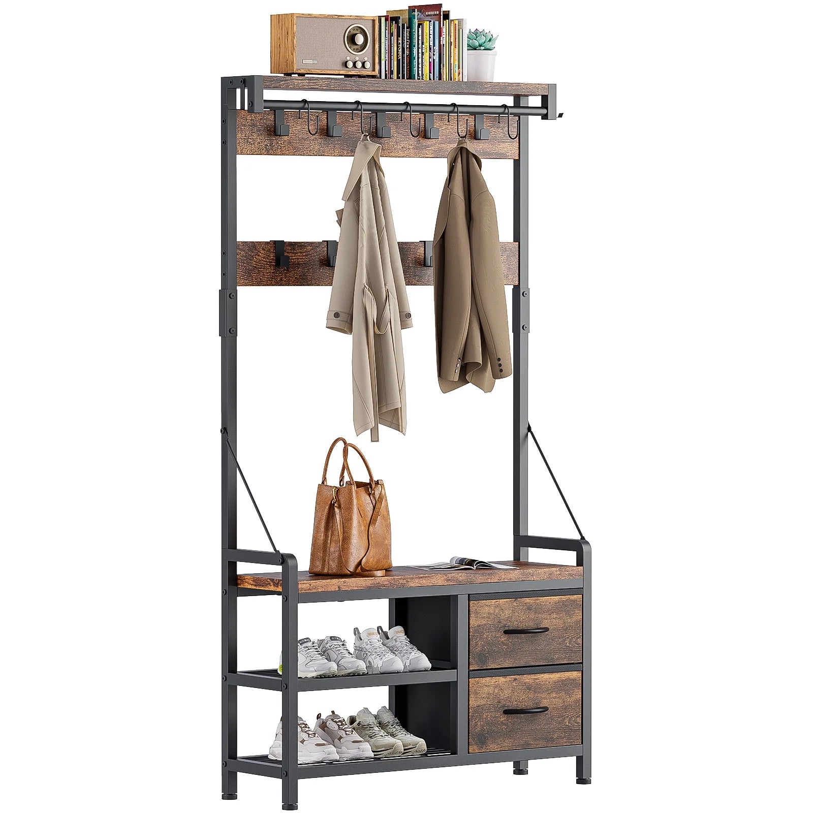 Rustic Brown 4 in 1 Entryway Hall Tree Coat Rack with Shoe Storage Bench 17 Hooks 2 Drawers H89375