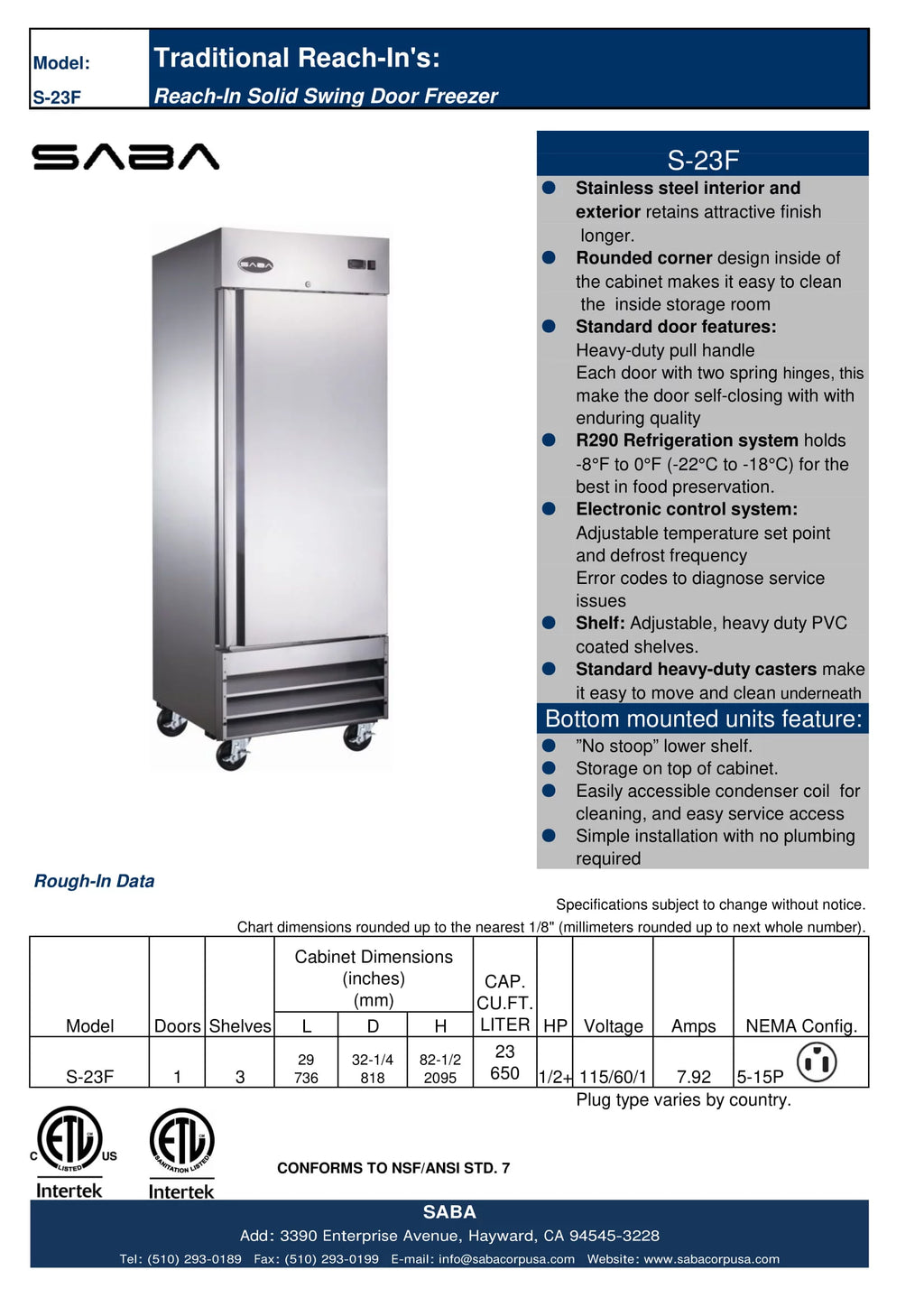 23 cu ft Stainless Steel Solid Door Upright Reach-in Freezer D264148