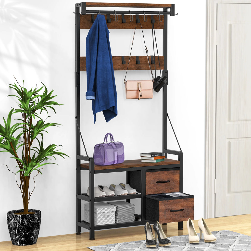 Rustic Brown 4 in 1 Entryway Hall Tree Coat Rack with Shoe Storage Bench 17 Hooks 2 Drawers H89375