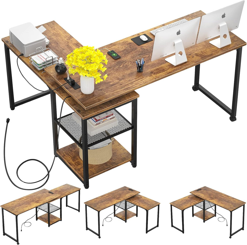 L Shaped Desk with Outlets and USB Ports, 71 Inch, Gray R243409
