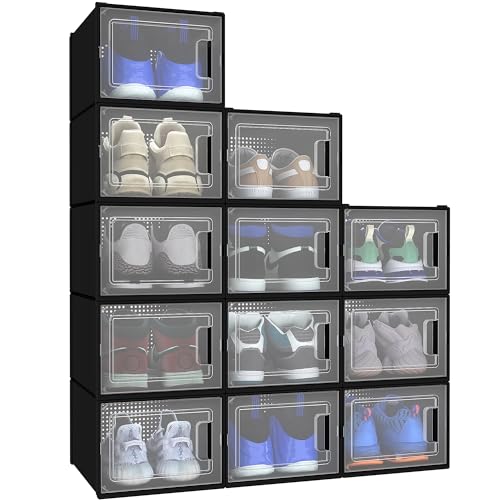 18 Pack Stackable Plastic Shoe Storage Boxes (Black, Medium) B947231
