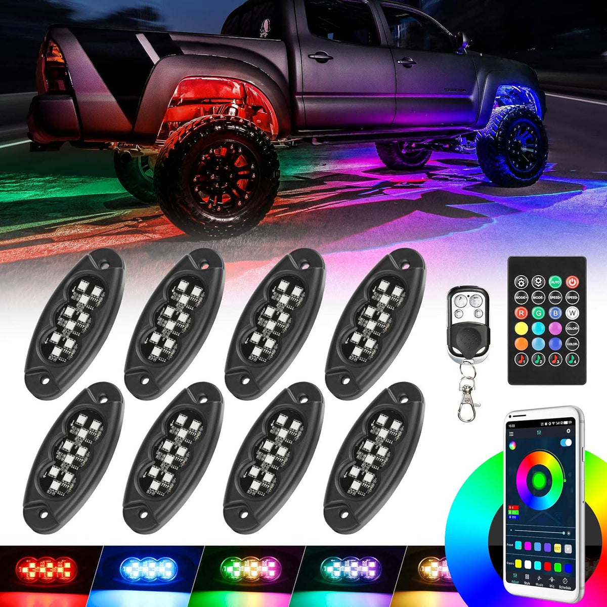 8 Pods RGB LED Rock Lights Kit with APP Controller H1553