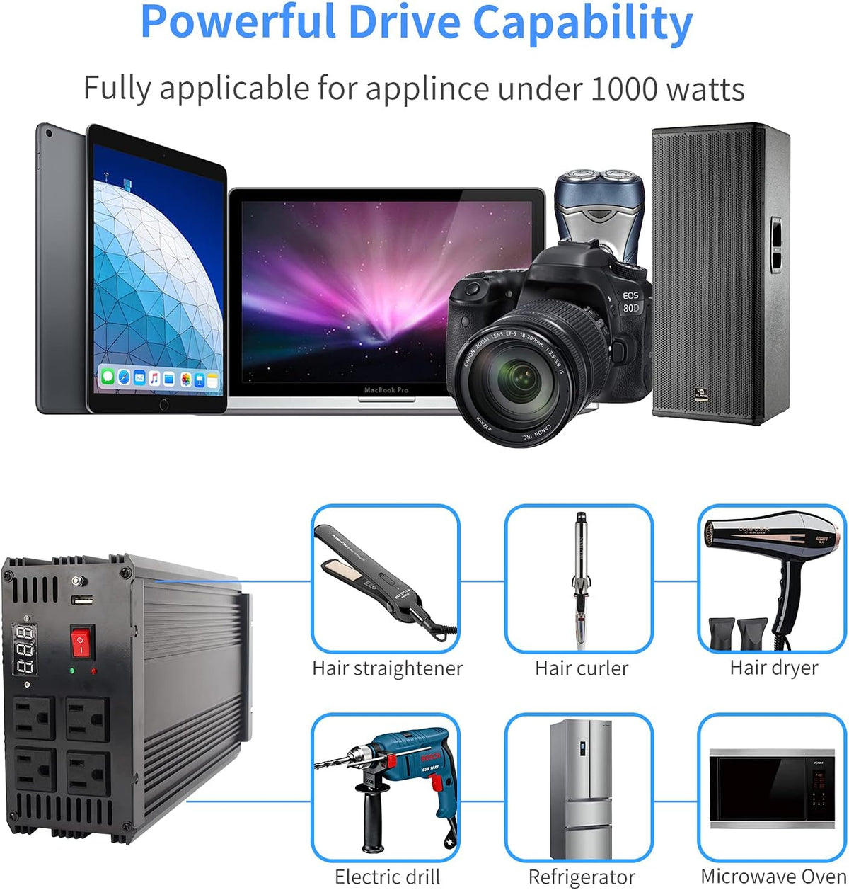 1000W Pure Sine Wave Power Inverter DC 12V to AC 110V with 4 AC Outlets and 1 USB Port Y91856