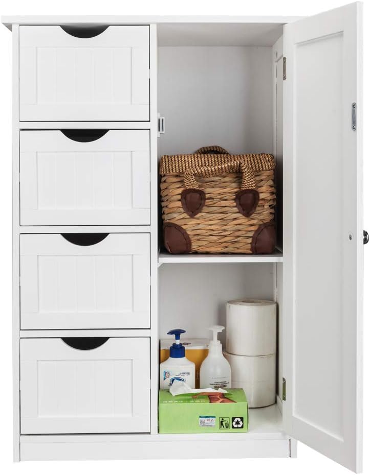 White 4 Drawer Single Door Bathroom Floor Cabinet Y6451