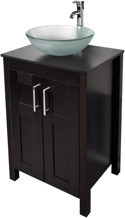 Dark Coffee 24 Inches Single Bathroom Vanity with 2-Door Cabinet and Tempered Glass Sink Top Q1186