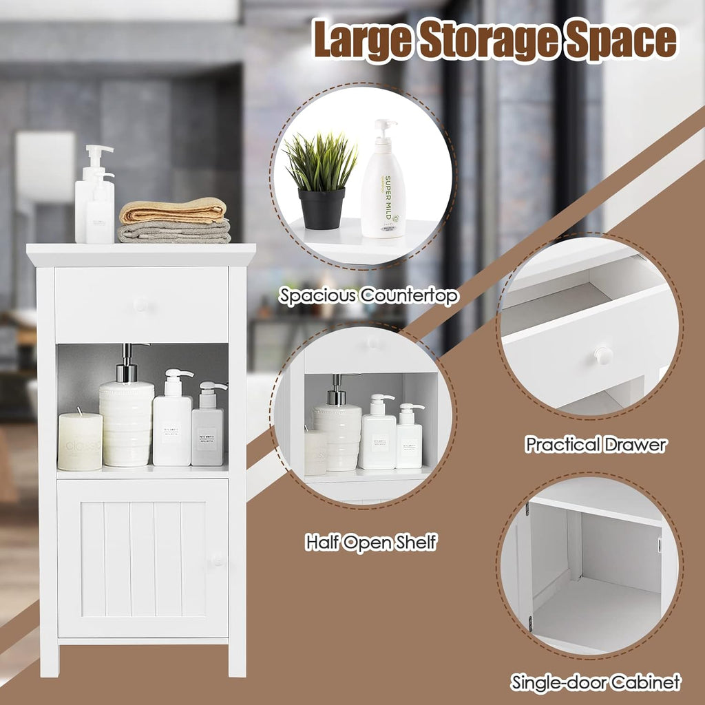 White Freestanding Wooden Bathroom Floor Cabinet, 1 Drawer & 1 Cabinet & 1 Open Shelf, Pack of 2 I74508