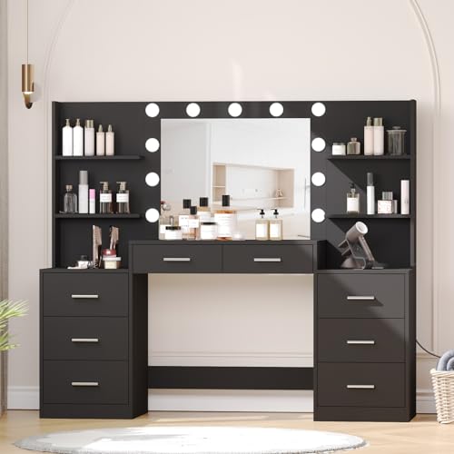 White Vanity Desk with Mirror & Lights, 8 Drawers H633361