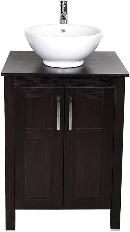 Dark Coffee 24 Inches Single Bathroom Vanity with 2-Door Cabinet and Tempered Glass Sink Top Q1186