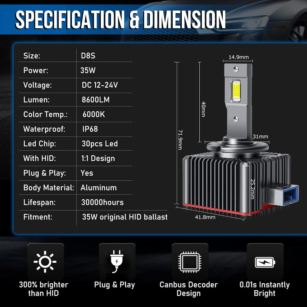 D8S LED Headlight Bulbs 8600LM 6000K 70W D6647