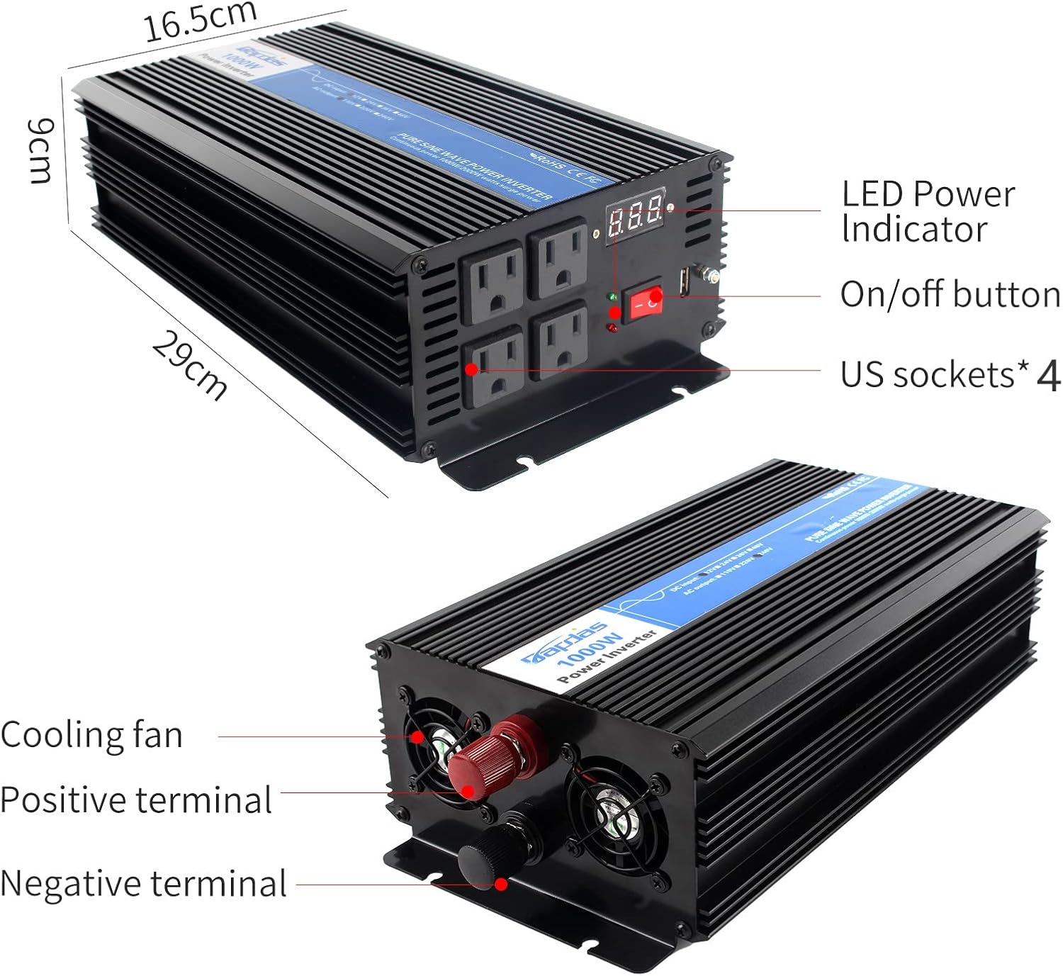1000W Pure Sine Wave Power Inverter DC 12V to AC 110V with 4 AC Outlets and 1 USB Port Y91856