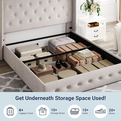 Full Size Lift Up Storage Bed with Wingback Headboard, Light Beige Z576