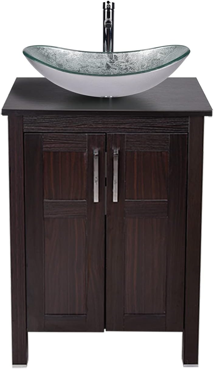 Dark Coffee 24 Inches Single Bathroom Vanity with 2-Door Cabinet and Tempered Glass Sink Top Q1186