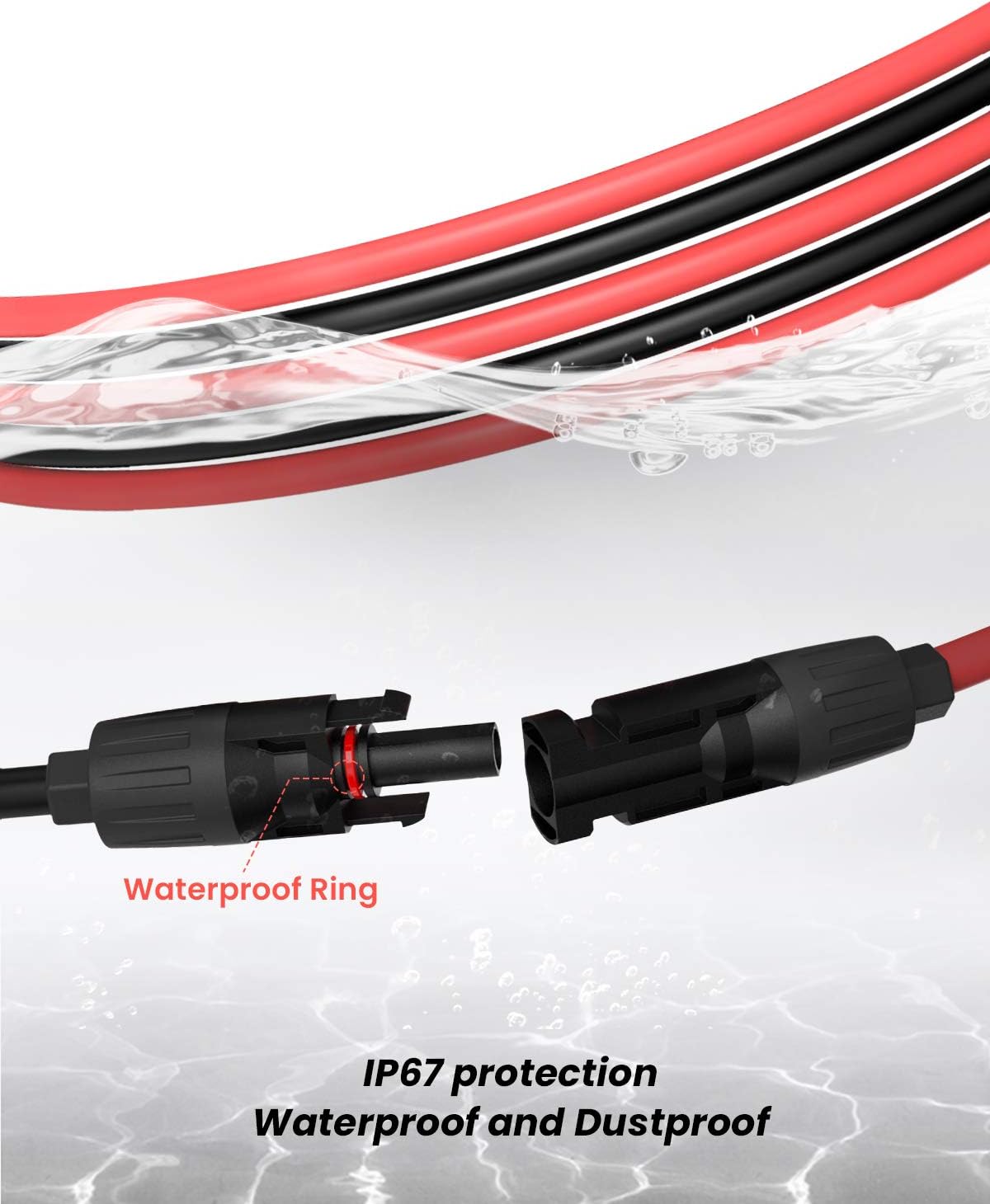 50 Feet 10AWG Solar Extension Cable with Female and Male Connector, Red and Black Z761