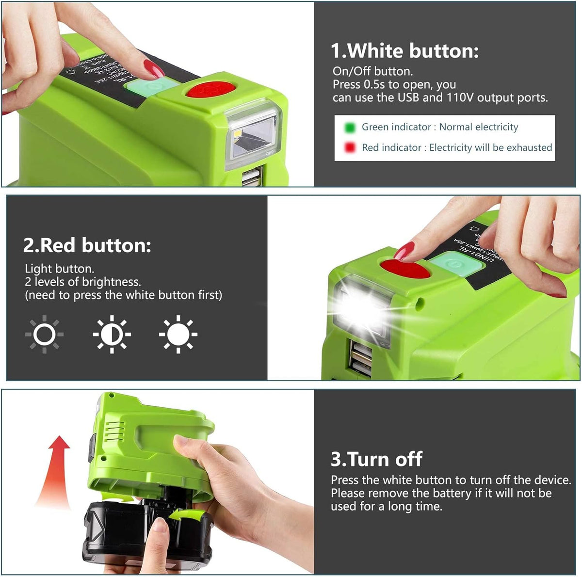 150 Watt Powered Inverter Generator, 18V DC to AC 110V 120V, for 18 Volt Lithium Battery USB Charger Adapter, with LED Light I5230