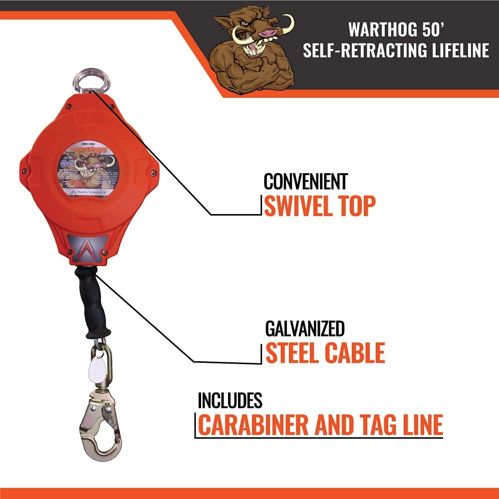 50-Foot Self-Retracting Lifeline with Steel Snap Hook & Carabiner I19939