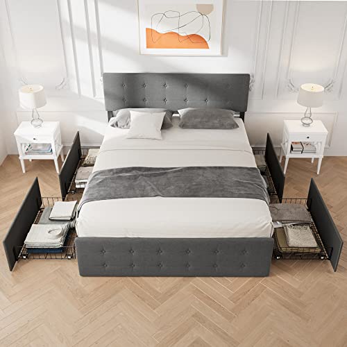 Grey Queen Size Upholstered Platform Bed Frame with 4 Storage Drawers Z449
