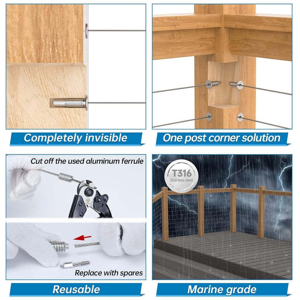 20Pack 1/8" Invisible Cable Railing Kit T316 Stainless Steel for Wood Posts Deck Stairs G3041