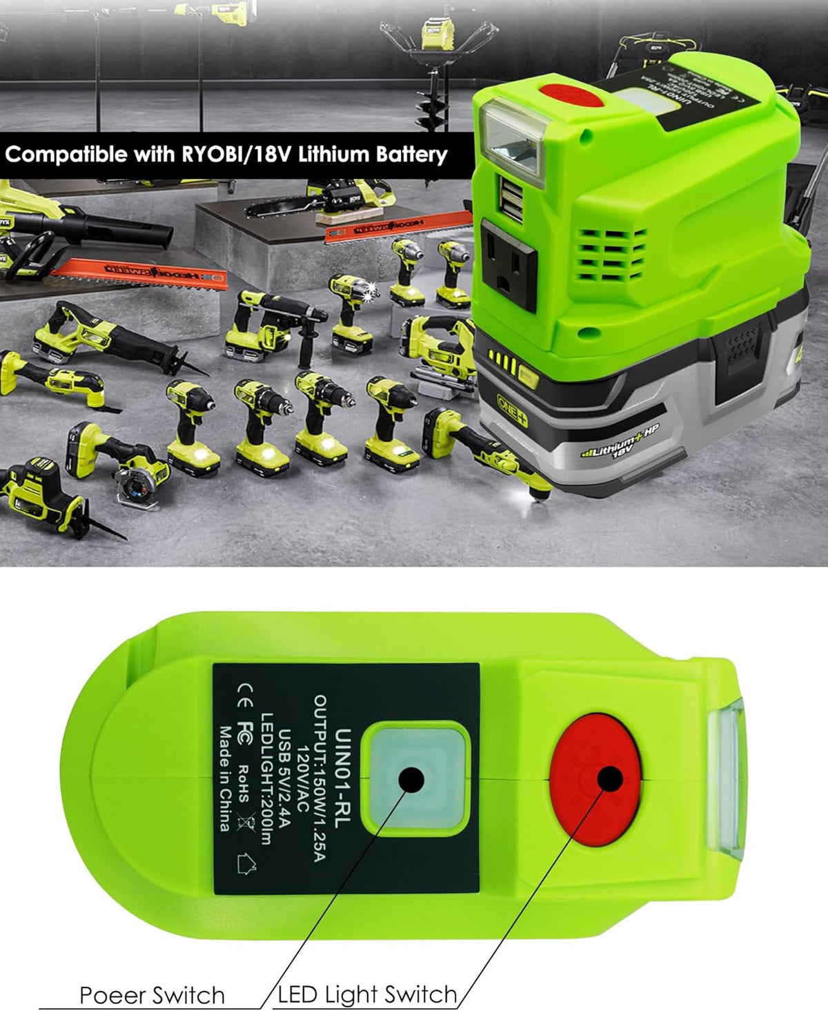 150W DC 18V to AC 110V-120V Power Inverter with AC Outlet Dual USB Outlet LED Light F55139