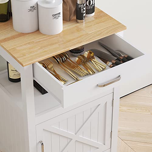 White Rolling Kitchen Island Cart with Storage, Barn Door and Drawer, 36” H K826