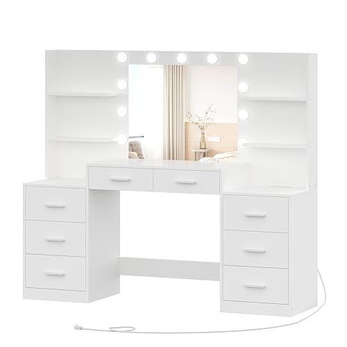 White Vanity Desk with Mirror & Lights, 8 Drawers H633361