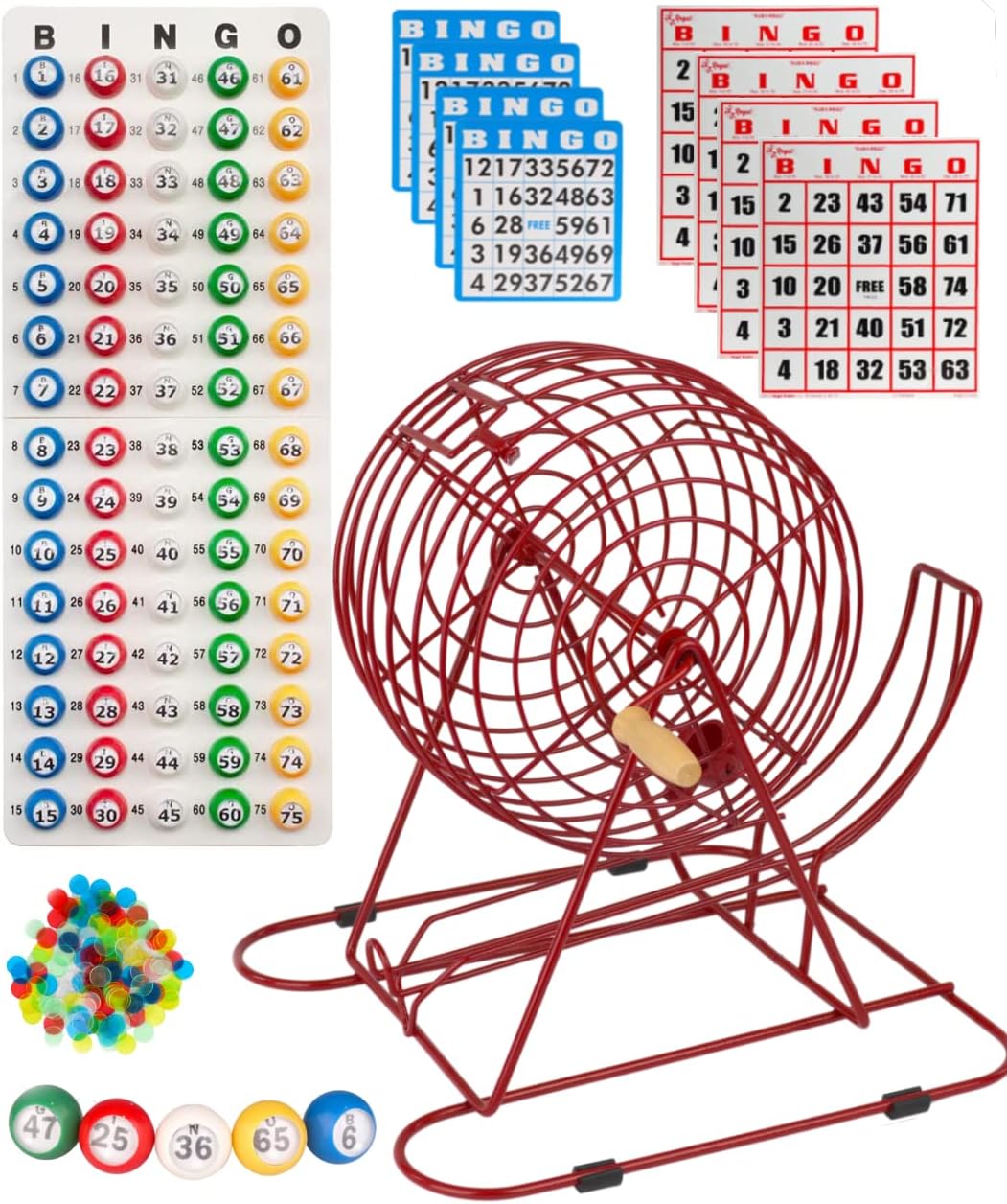 11” Red Bingo Cage with 50 Jumbo Reusable Cards, 18 Standard Bingo Cards, 150 Chips, Master Board, 75 Bingo Balls F314