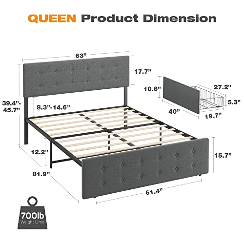 Grey Queen Size Upholstered Platform Bed Frame with 4 Storage Drawers Z449