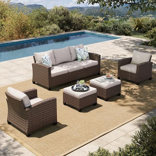 6 Pieces 7 Seats Wicker Patio Furniture Set with Fire Pit Table P28969