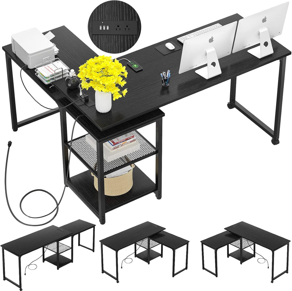 L Shaped Desk with Outlets and USB Ports, 71 Inch, Gray R243409