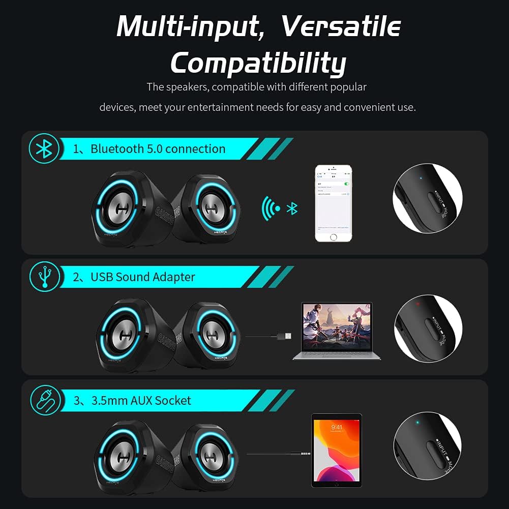 USB Bluetooth Computer Speakers, RGB Lights, Black, Pack of 2 Y891787