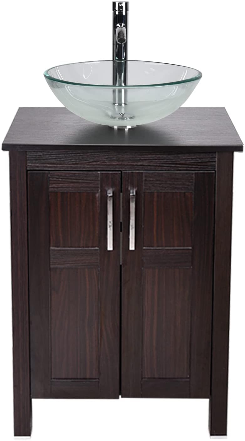 Dark Coffee 24 Inches Single Bathroom Vanity with 2-Door Cabinet and Tempered Glass Sink Top Q1186