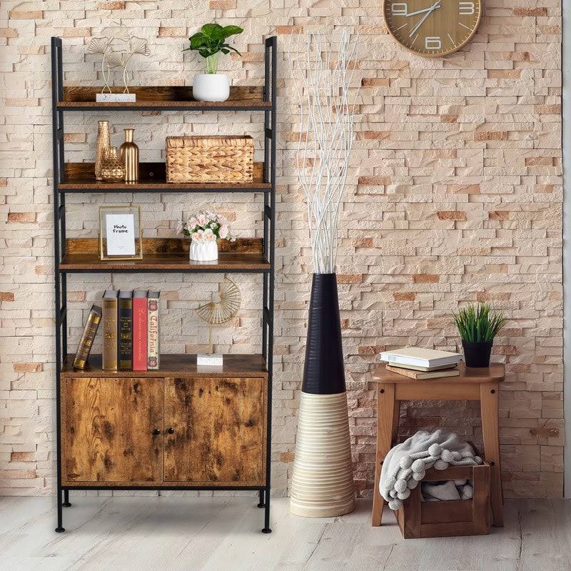 4-Tier Industrial Bookcase with Cabinets - Brown W14492