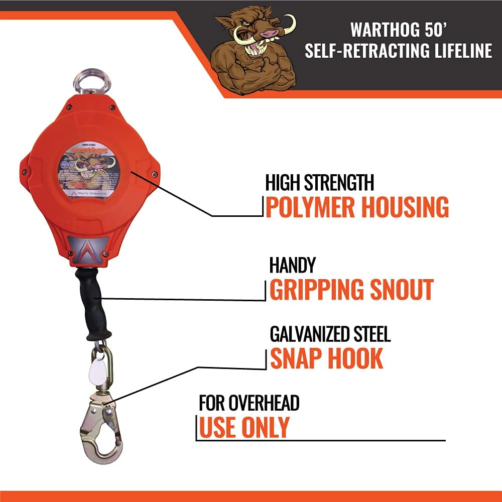 50-Foot Self-Retracting Lifeline with Steel Snap Hook & Carabiner I19939