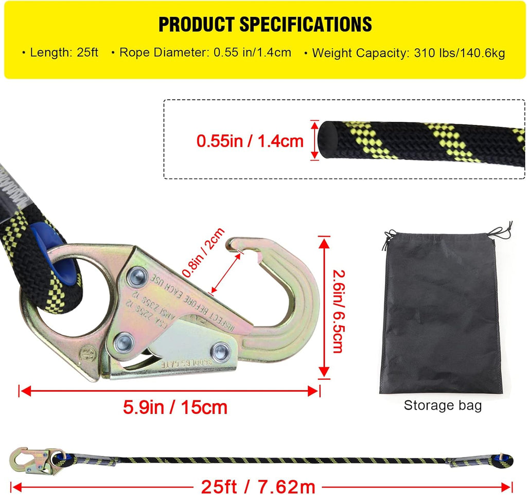 Rope Assembly 25 ft with Rope Grab Snap Hooks Shock Absorber CE Standard A47980