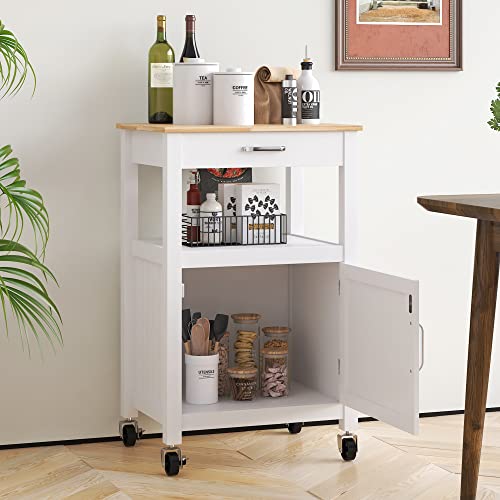 White Rolling Kitchen Island Cart with Storage, Barn Door and Drawer, 36” H K826