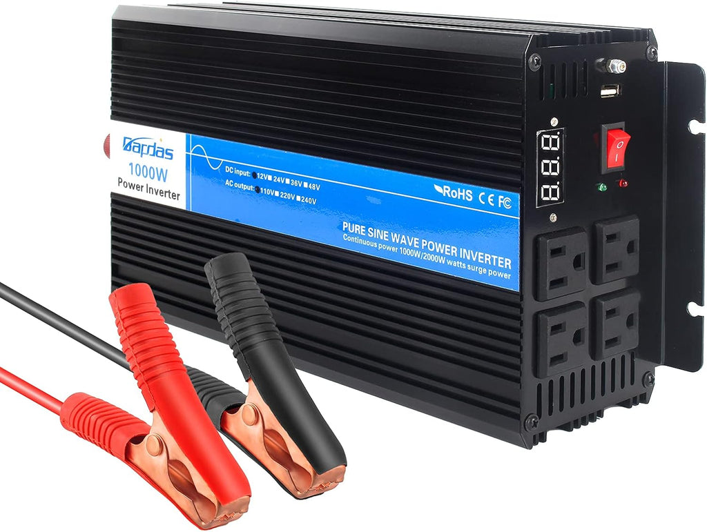 1000W Pure Sine Wave Power Inverter DC 12V to AC 110V with 4 AC Outlets and 1 USB Port Y91856