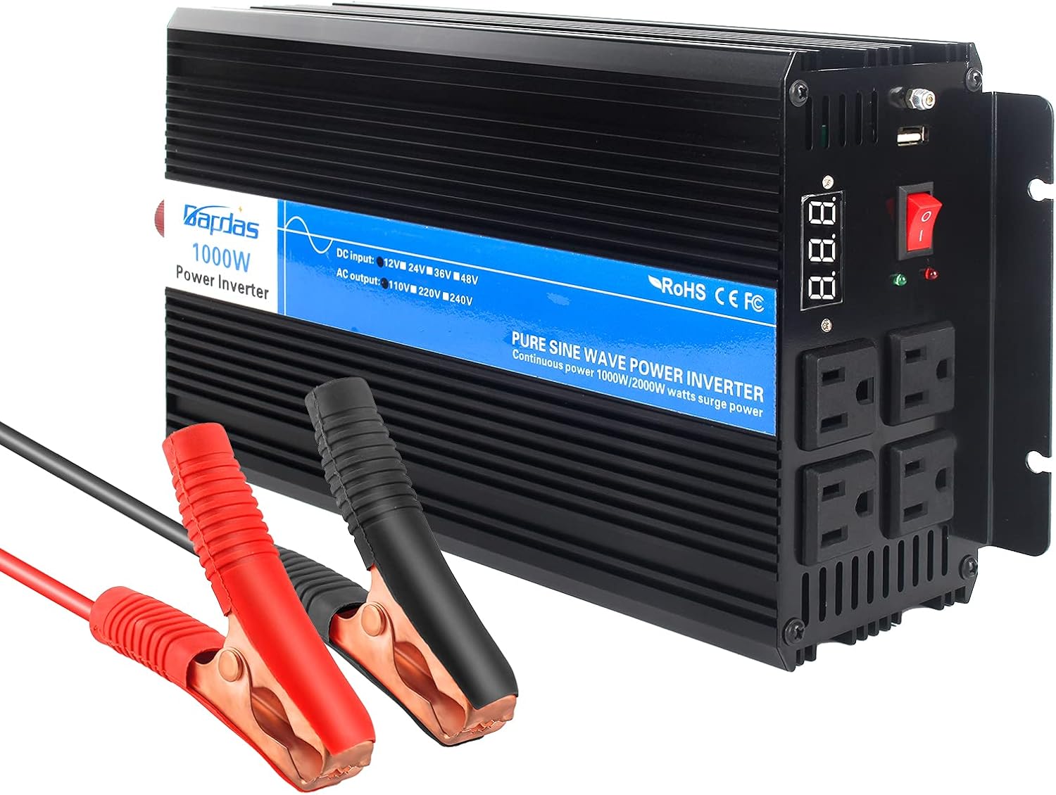 1000W Pure Sine Wave Power Inverter DC 12V to AC 110V with 4 AC Outlets and 1 USB Port Y91856
