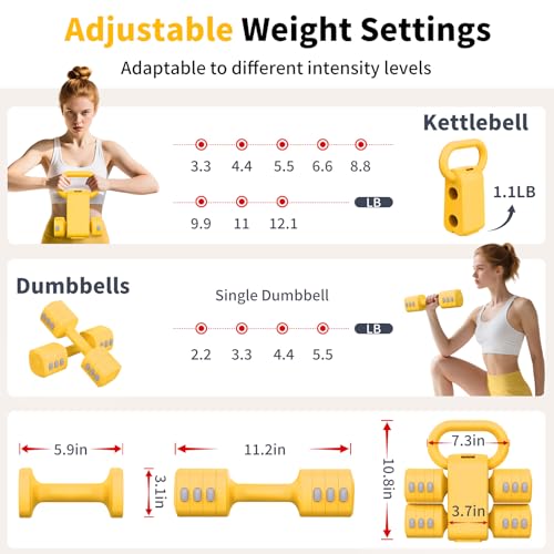 2-in-1 Adjustable Dumbbells Set, 4 Levels Weight, Each 2.2/3.3/4.4/5.5lb Hand Weights with Kettlebell Form X6452