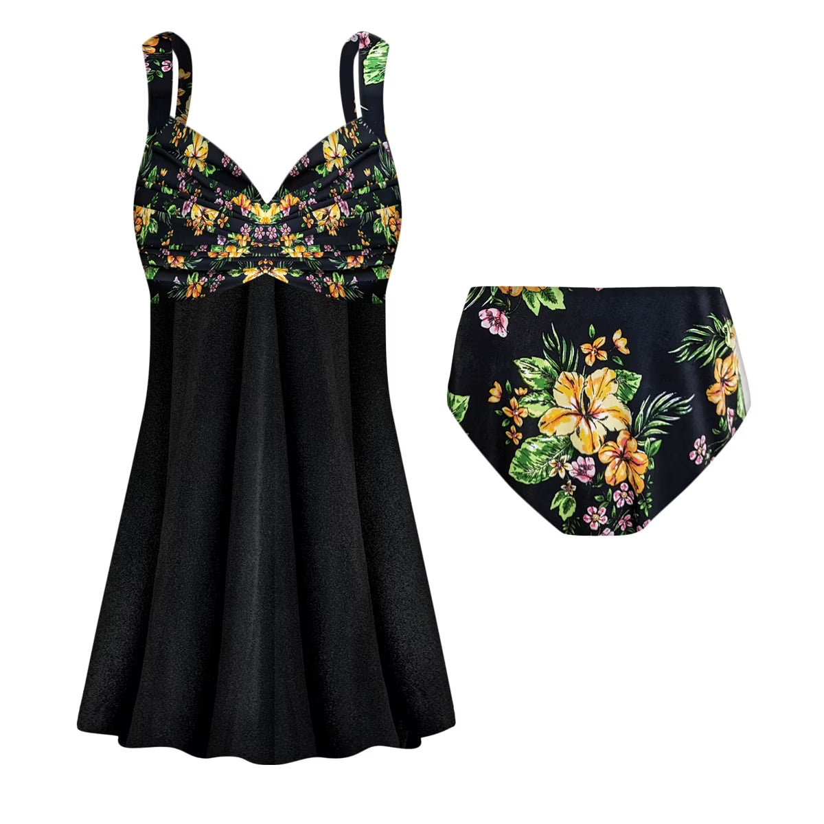 Black Floral Print Two-Piece Swimdress P929150