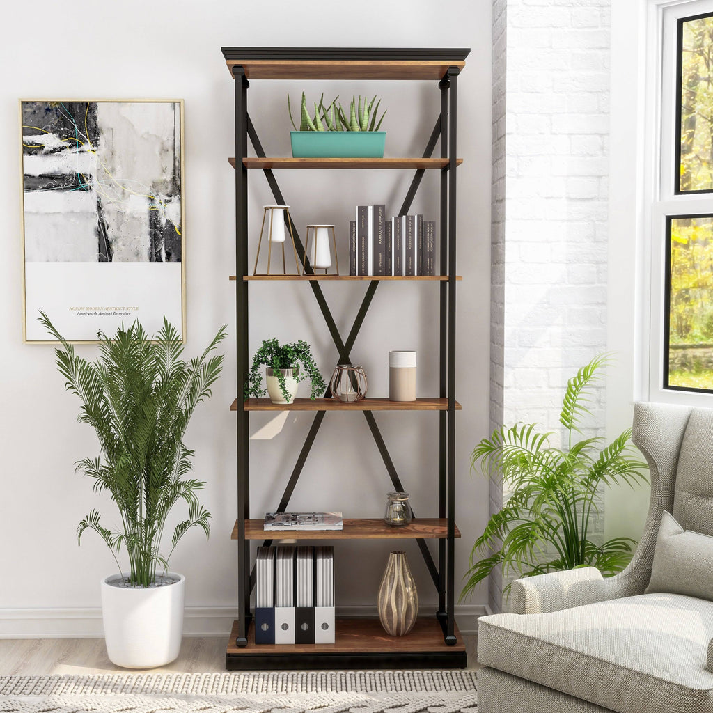 Dark Oak 5 Layer Metal Bookcase Q314060