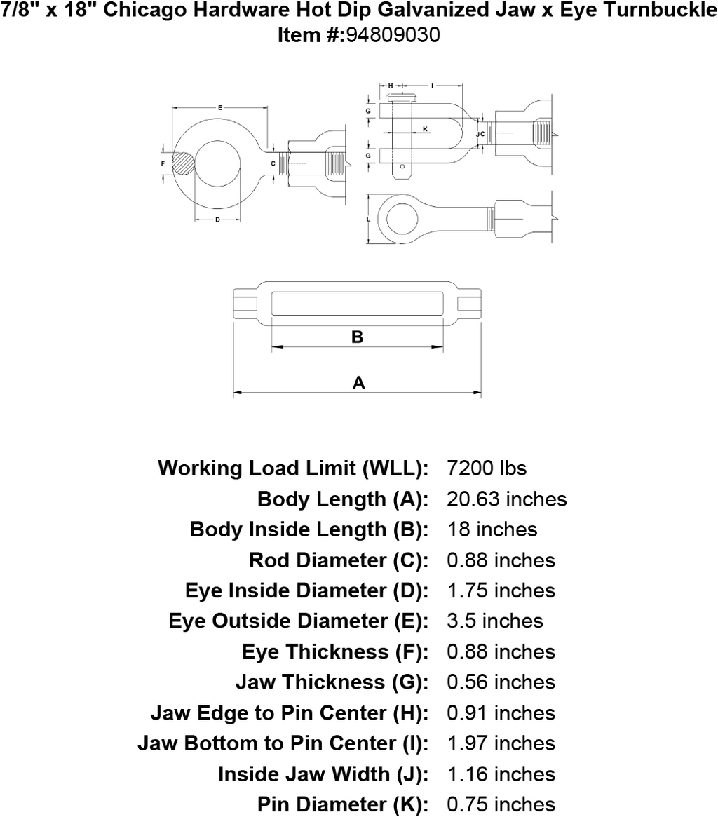 7/8 x 18 Hot Dip Galvanized Jaw x Eye Turnbuckle F856889