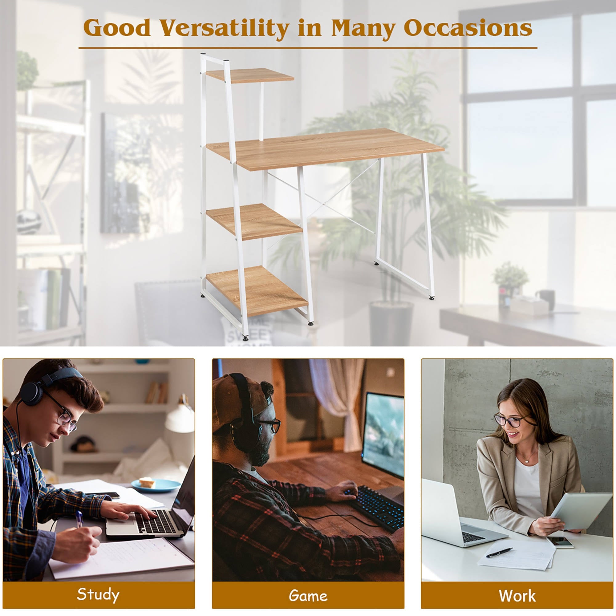 Natural Computer Desk with Shelves C68239