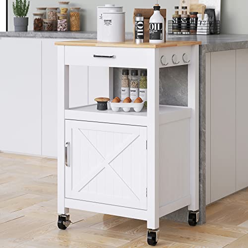White Rolling Kitchen Island Cart with Storage, Barn Door and Drawer, 36” H K826