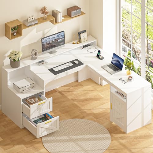 63" L Shaped Executive Desk with Drawers & Storage Shelf, Antique White E395946