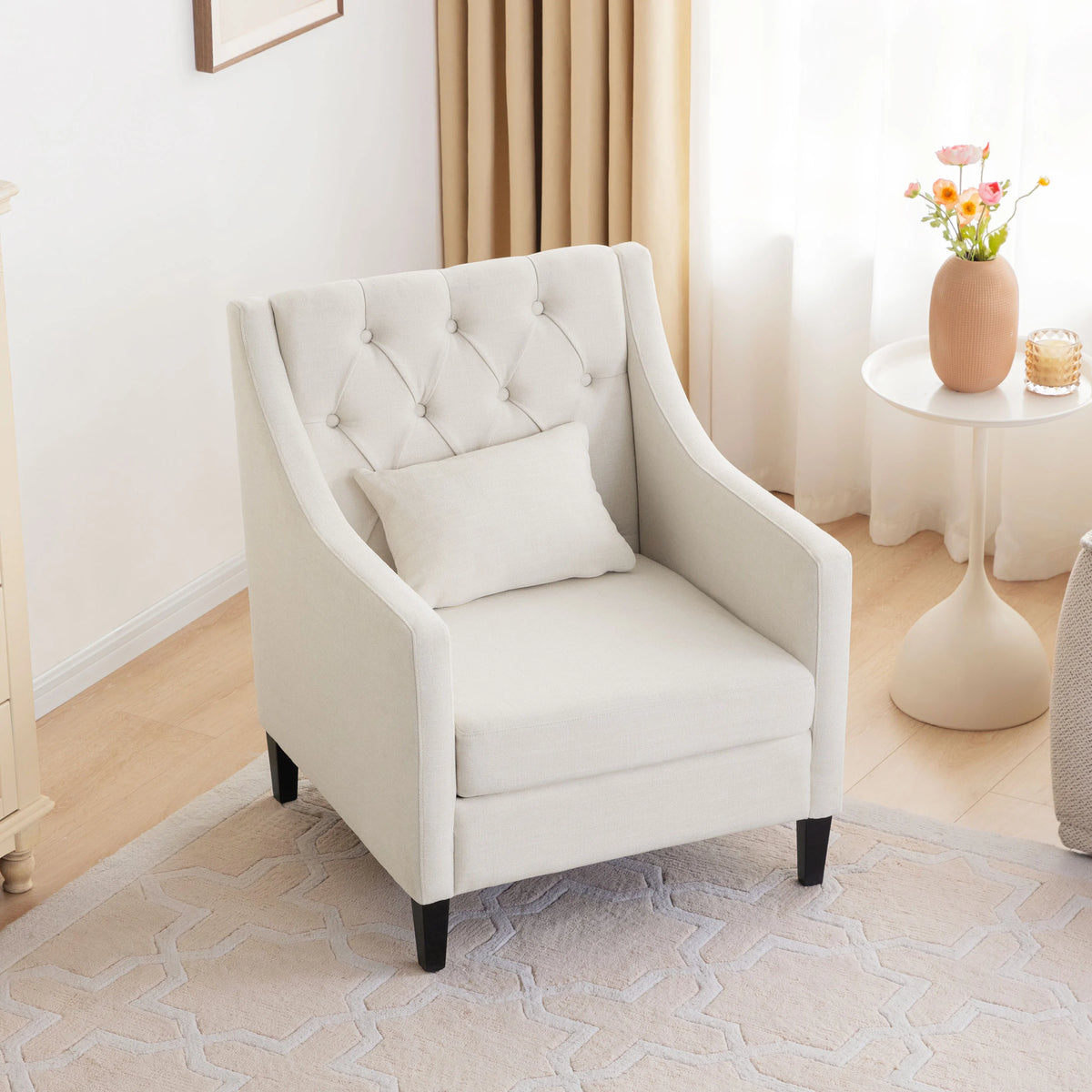 Beige Fabric Accent Chair with Wood Frame S4375