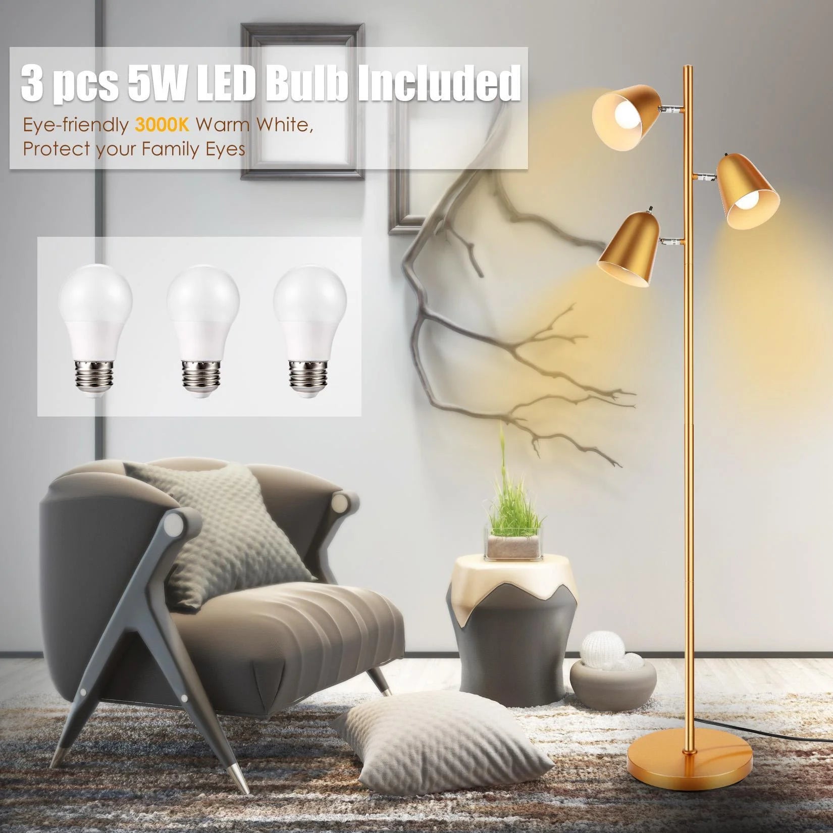 3 LED Bulb Tree Floor Lamp with 360° Adjustable Rotating Shades K62714