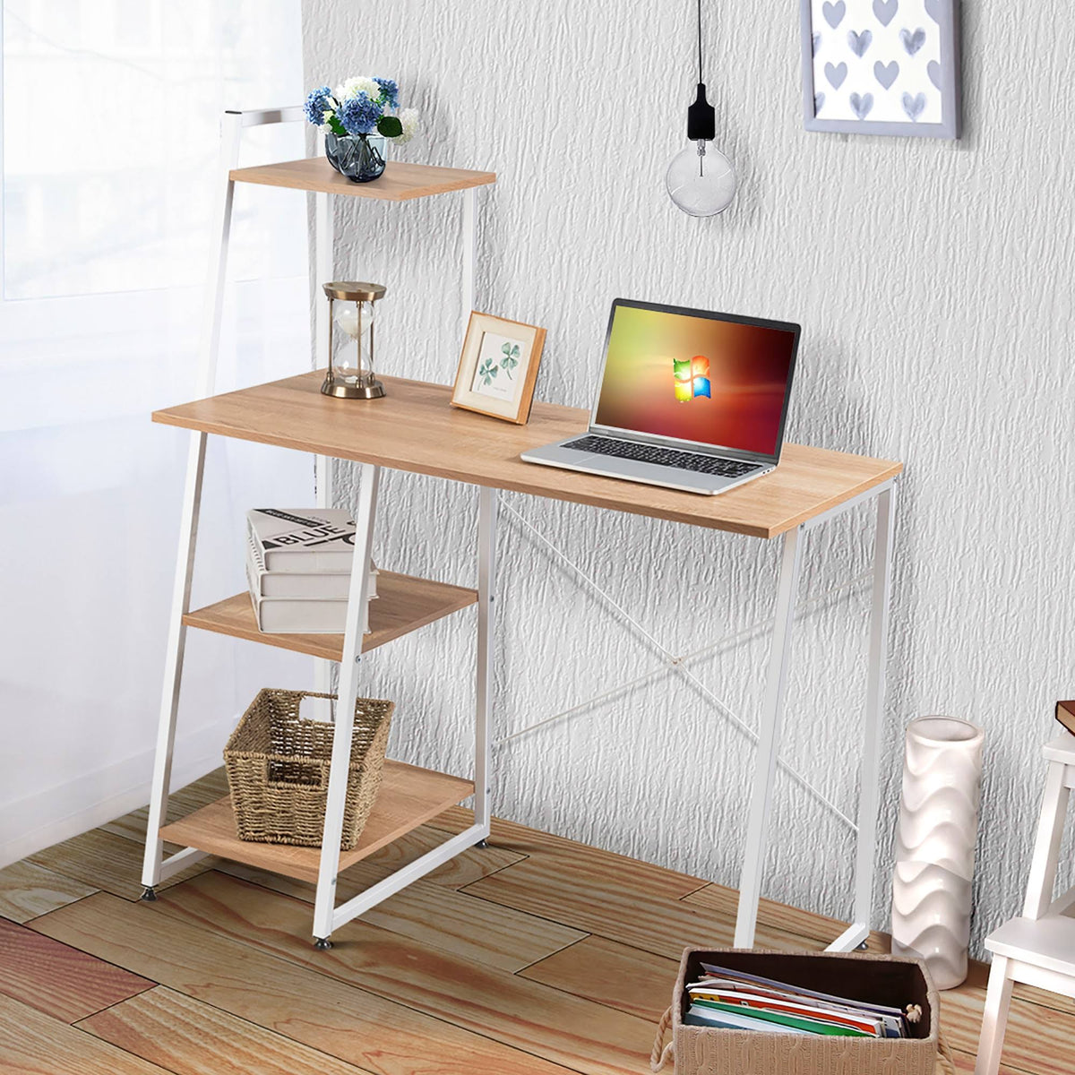 Natural Computer Desk with Shelves C68239